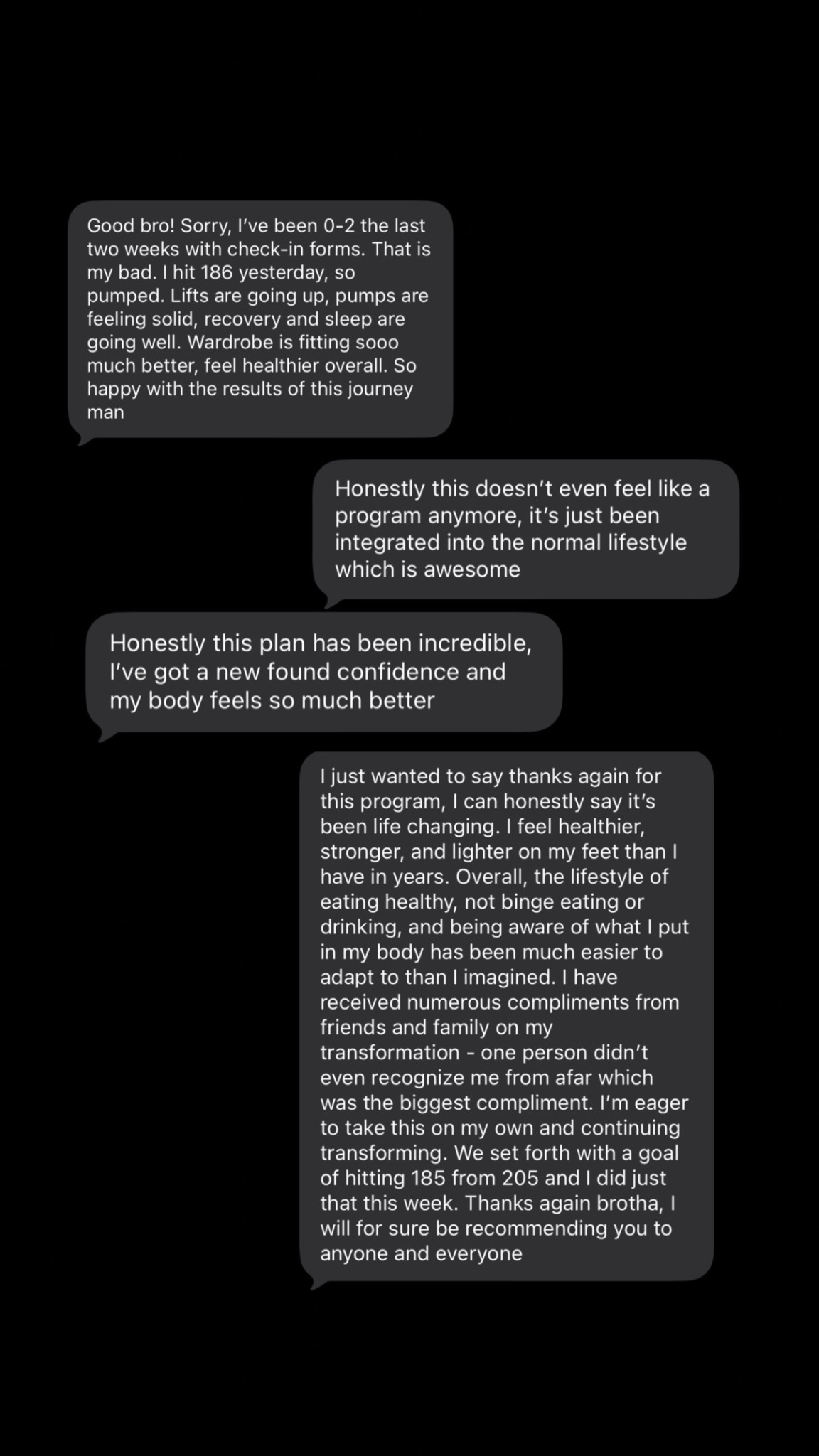 Client text message testimonial about progress and coaching support