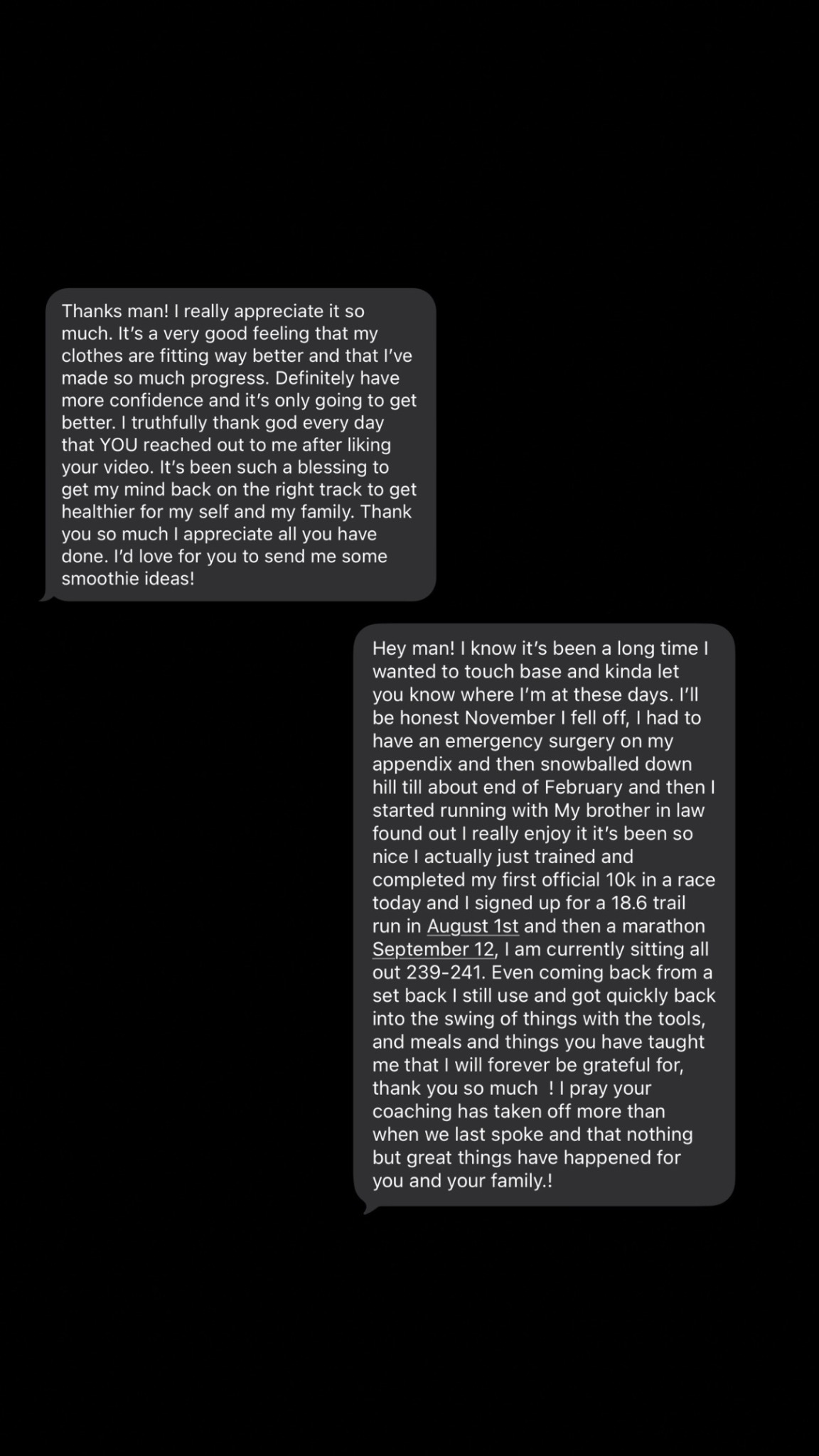 Client text message testimonial about lifestyle changes