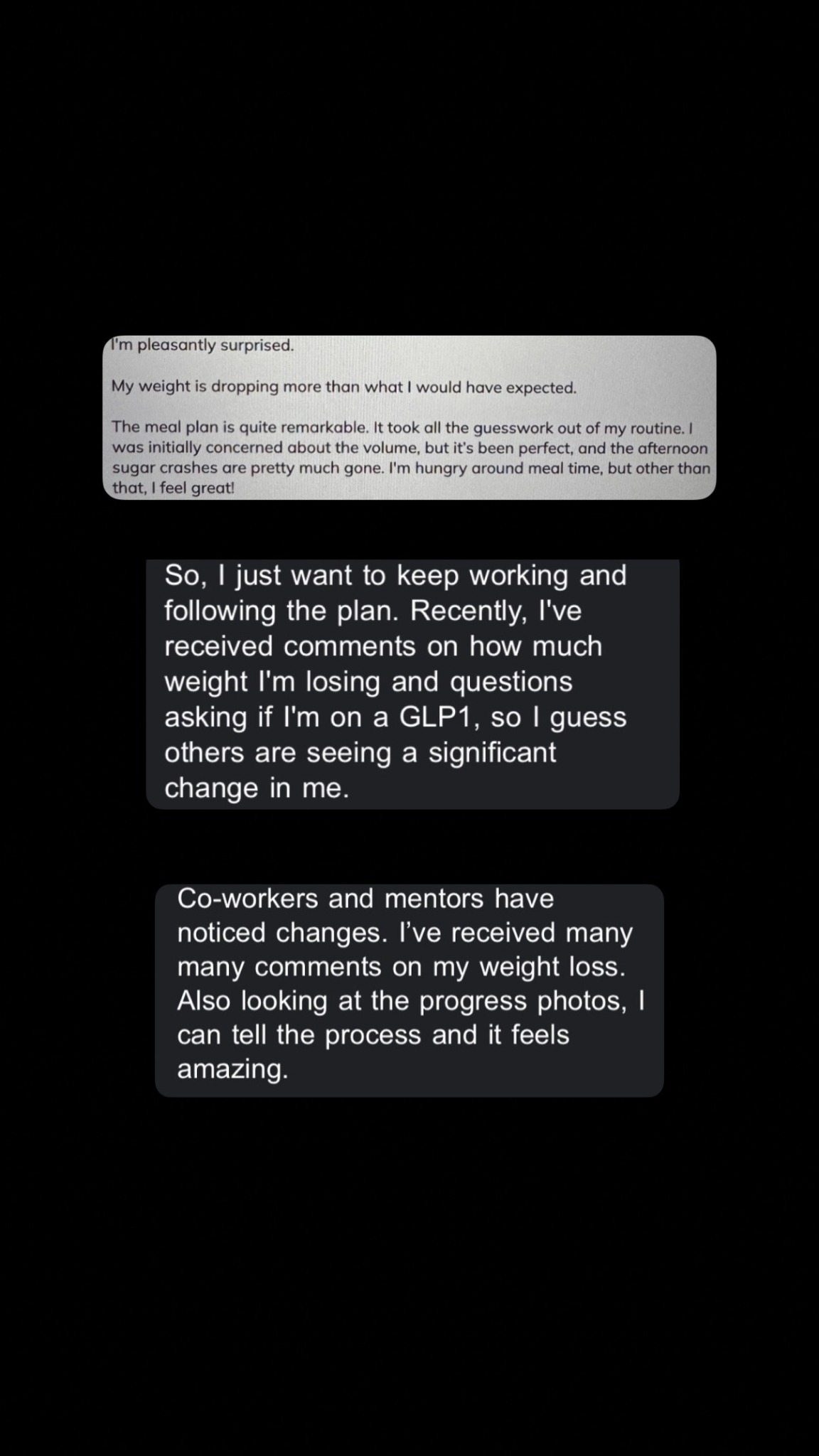 Client text message testimonial about habits and support